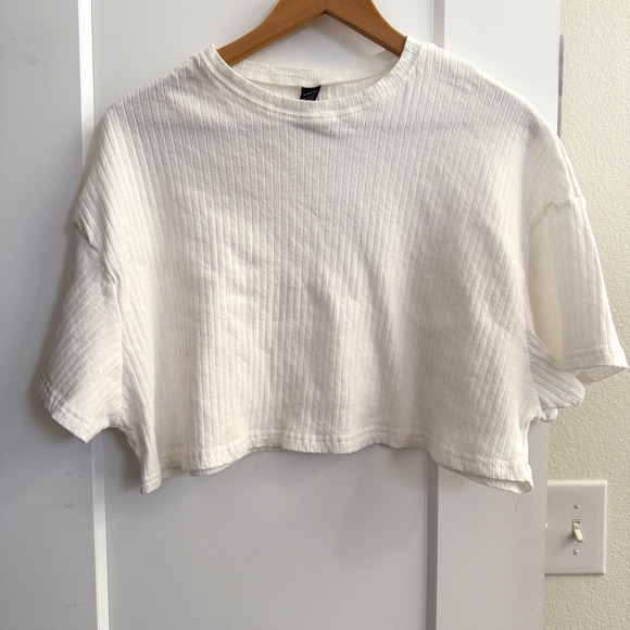 Cropped Ribbed Boxy White Tshirt Womens L with Stretch Top Casual - Picture 1 of 6
